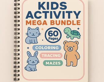 May include: A spiral-bound activity book for kids with the text "KIDS ACTIVITY MEGA BUNDLE". The cover features illustrations of a cat, turtle, bear, and bunny, with the text "60 Pages", "Coloring", "Tracing", and "Mazes".