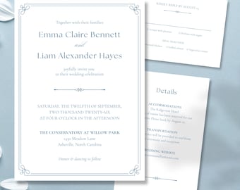 Blue Minimalist Wedding Invitation Suite Canva Digital Template