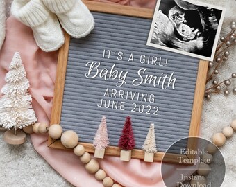 Winter Baby Announcement, Pink Letter Board (Digital Template)