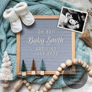 Anuncio de bebé editable Blue Winter / Descarga instantánea / Digital / Redes sociales / Revelación de género / Letterboard / Baby Boy