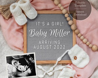 Pink Winter Baby Announcement, Letter Board Template (Digital Download)
