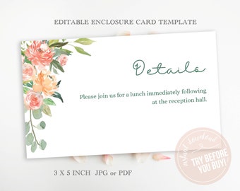Flower Enclosure Card, Floral Pink Invitation Template, Invitation enclosure card template, Digital Download, Editable Template, Instant