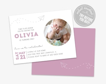 Time Flies Airplane Birthday Invitation Editable for Birthday, Pink Printable Instant Download PDF