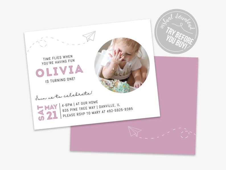Time Flies Airplane Birthday Invitation Editable for Birthday Pink Printable Instant Download PDF