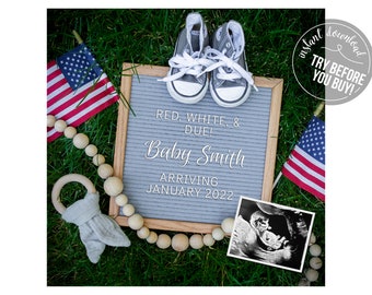 July 4th Digital Pregnancy Announcement Template / Editable Red White and Due/ Social Media Instant Download / Editable Letter Board