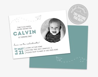 Time Flies Airplane Birthday Invitation Editable for Birthday, Printable Instant Download PDF