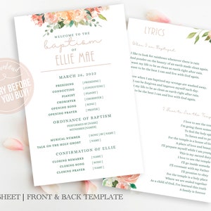 May include: A template for a baptism program, featuring a floral design in peach and green. The front side includes details like the baptism's name, date, and order of service. The back side displays lyrics. The words "Try Before You Buy" are also visible.
