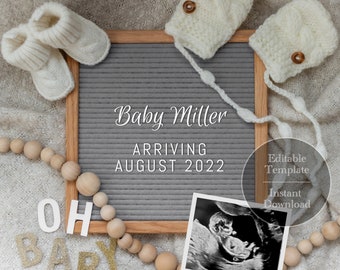 Editable Winter Pregnancy Announcement, Letter Board Template (Digital)