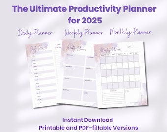 May include: A printable productivity planner for 2025 with daily, weekly, and monthly layouts. The planner features a watercolor background in shades of purple and pink.
