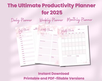 May include: A pink and white printable productivity planner for 2025 with a floral design. The planner includes daily, weekly, and monthly pages. It is available in A4 and Letter sizes.