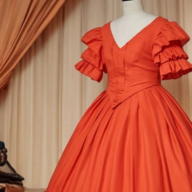 Civil War Dress, Southern Belle Gown, 19th Century Historical Costume, Ruffled Sleeves