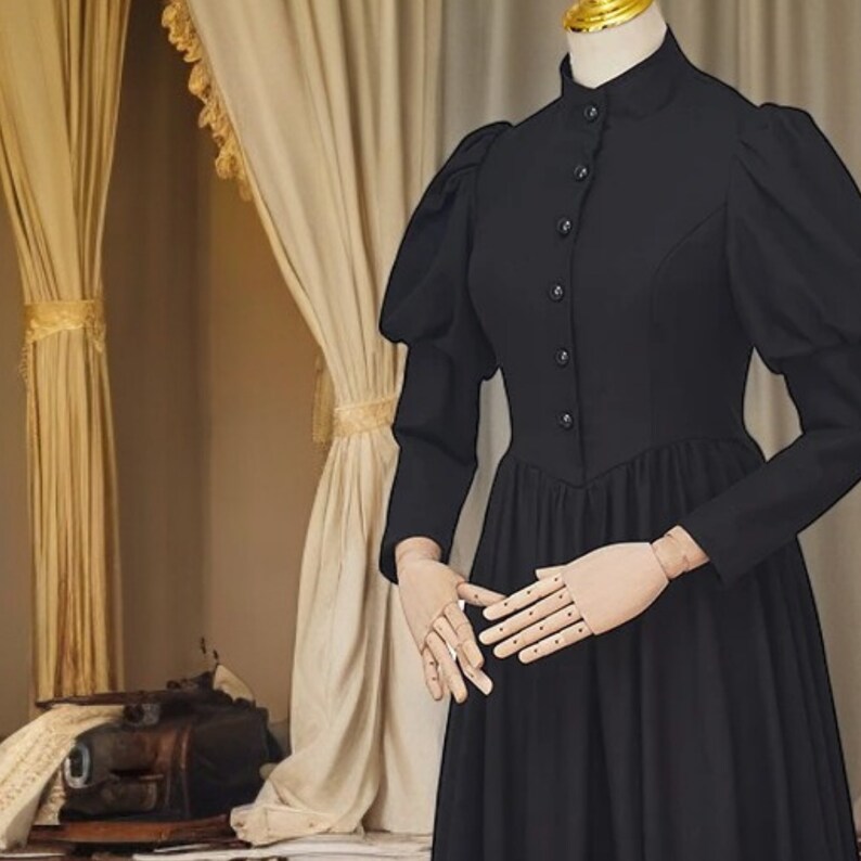 Victorian Mourning Dress Gothic Funeral Gown, Black Victorian Day Dress