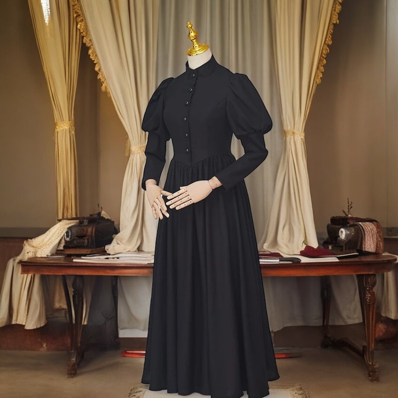 Victorian Mourning Dress Gothic Funeral Gown, Black Victorian Day Dress