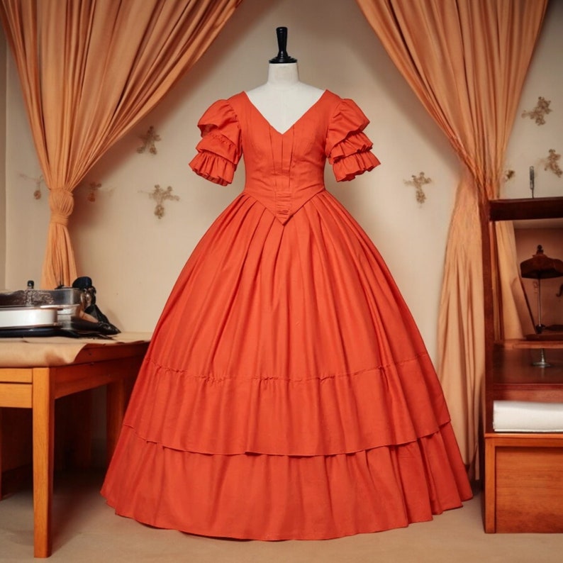 Civil War Dress, Southern Belle Gown, 19th Century Historical Costume, Ruffled Sleeves