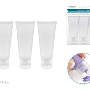May include: Three clear, empty squeeze tubes with white caps, and a package of three tubes. The tubes are labeled "EZ Squeeze Tubes" and are reusable. Each tube holds 1.35 U.S. fl oz. A close-up shows a tube dispensing purple liquid.