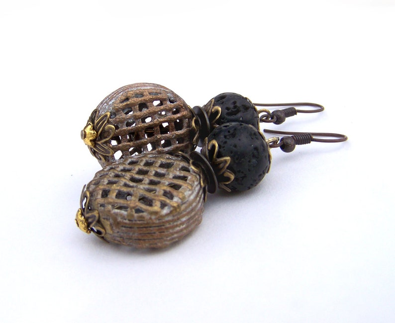 unique cage dangle earrings Rustic style earrings black lava stone mixed metal drop stack earrings