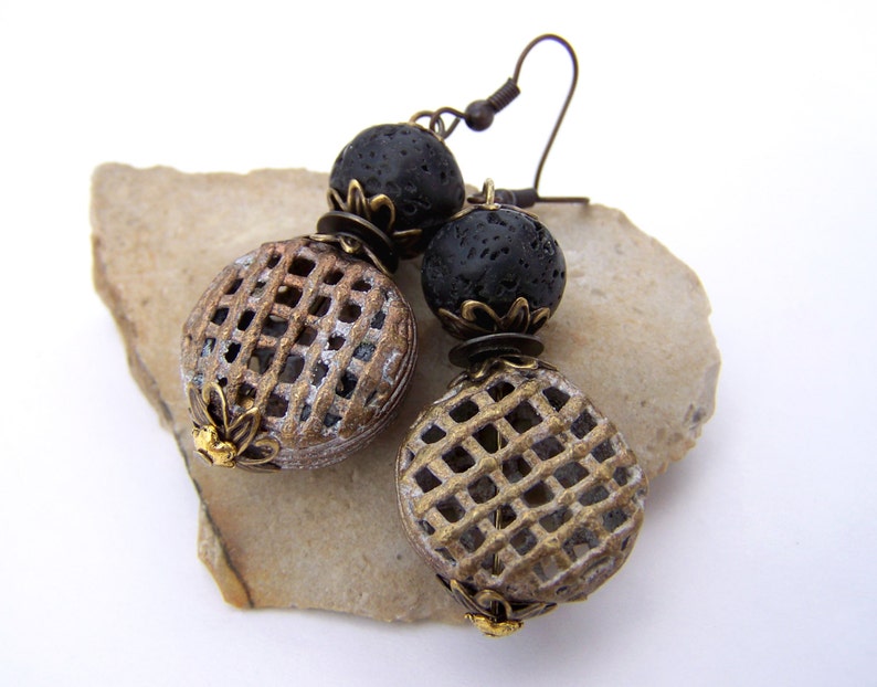 unique cage dangle earrings Rustic style earrings black lava stone mixed metal drop stack earrings