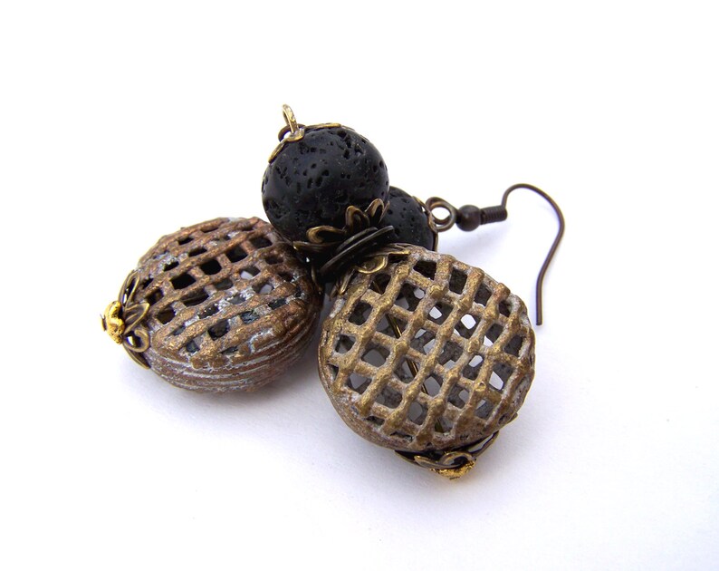 unique cage dangle earrings Rustic style earrings black lava stone mixed metal drop stack earrings