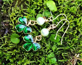 SALE: Handmade Vintage Style Shamrock Clover Earrings with Faux Greenish Pearl - St. Patrick's Day - Sales Benefit Pollinators