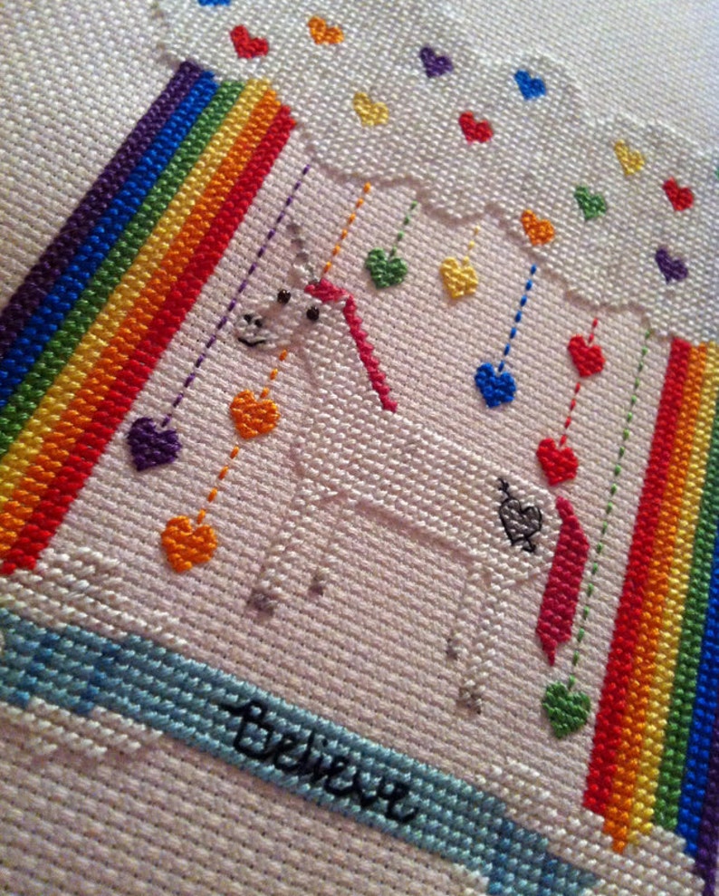 Unicorn Believer Rainbow Heart Cross Stitch Pattern in PDF Customizable Sales Benefit Our Pollinator Conservation Work image 1