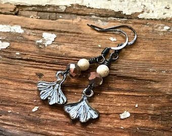 Ginkgo Leaf Earrings - Handmade Beaded with Patina Aged Charm - Sales Benefit Pollinators