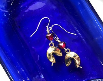 Fortune Cookie Charm Earrings with Czech Glass Heart Beads - Sales Benefit Pollinators