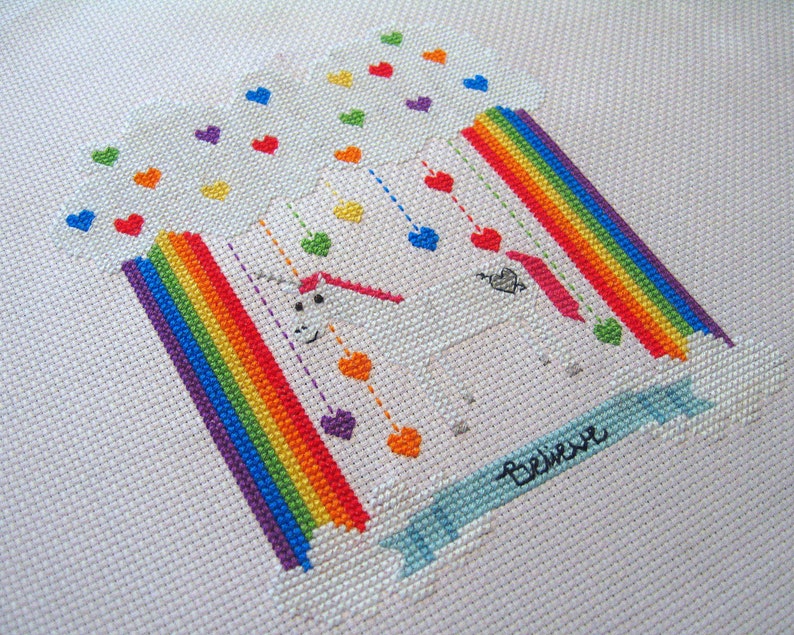 Unicorn Believer Rainbow Heart Cross Stitch Pattern in PDF Customizable Sales Benefit Our Pollinator Conservation Work image 2