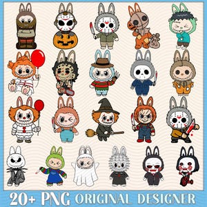 20+ Horror Labubu PNG Bundle, Cute Spooky Character Stickers, Halloween PNG SVG, Chibi Style, Kawaii Creepy Clipart