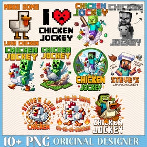 Minecraft Movie Chicken Jockey Characters Bundle Png, Pixel Gamer Squad Shirt Png, Trending Movie Png, Game Character Shirt