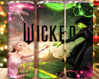 Witch Changed For Good 20oz Skinny Tumbler Wrap Png, Witches Movie 20oz Tumbler Wrap Png, Pink Goes Good With Green Tumbler Png