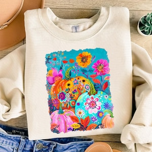 Fleurs d&#39;automne citrouilles Png, Sublimation de chemise d&#39;automne florale bohème, ambiance girly d&#39;automne Png, coup de pinceau automne preppy Png, saison citrouille rose Png