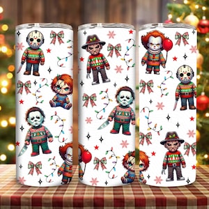 Diseño de envoltura de vaso recto de 20 oz de Friends de Horrores navideños PNG, envoltura de vaso delgado de Christmas Killers Png, vaso Merry Creepmas Png