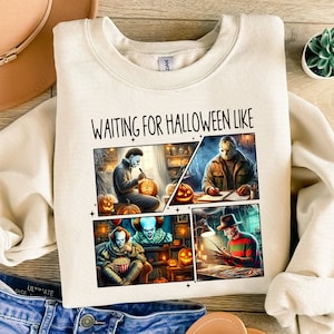 Wachten op Halloween zoals horrorfilmpersonages png, halloween png, horrorpersonage dagelijks leven, spookachtig seizoen png, herfstshirtontwerp