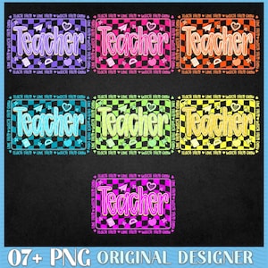Retro Neon Teacher Png Bundle, Groovy Love Them Teach Them Watch Them Grow Png, Colorful Checkered Teacher Sublimation, Back To School Png