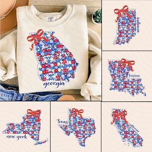 Preppy USA State Map Png-Bundle, 4. Juli Blumenkarte Png, Vaterländische Zustandskarte mit Bogen Png, Kokette Kentucky Png, Rot Weiß Blaue Png