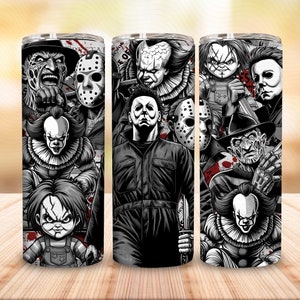 Design de gobelet effrayant effrayant d&#39;Halloween 20 oz Png, Emballage de gobelet droit personnages d&#39;horreur Png, Emballage de gobelet de film d&#39;horreur