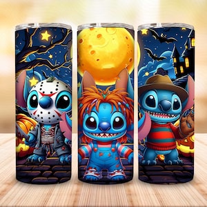 Halloween Cartoon Killers 20oz Tumbler Wrap Design, Cartoon Alien Halloween Skinny Tumbler, Spooky Season 20oz Tumbler png