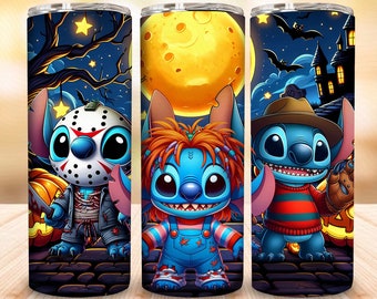 Halloween Cartoon Killers 20oz Tumbler Wrap Design, Cartoon Alien Halloween Skinny Tumbler, Spooky Season 20oz Tumbler png