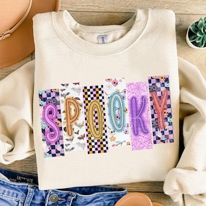 Spooky PNG, Halloween Sublimation Design, Colorful Patchwork Spooky Letters PNG, Retro Halloween Shirt PNG, Cute Pastel Spooky Clipart