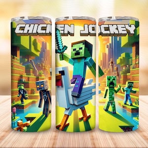 Trendy Cartoon Characters 20oz Tumbler Png, Chicken Jockey 20 oz Skinny Tumbler Png, Pixel Game Characters Straight Tumbler Wrap Png