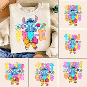 Blue Alien Back To School PNG Bundle, Cartoon First Day Of School Design, Preppy Pre-K To 4th Grade,Cartoon Pastel Bow Png, Cute School PNG