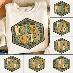 Retro Back To School Camouflage Png Bundle, Kindergarten Dude, First Day Of School Png, Pre K Png, Retro First/ Second/ Third Grade Design