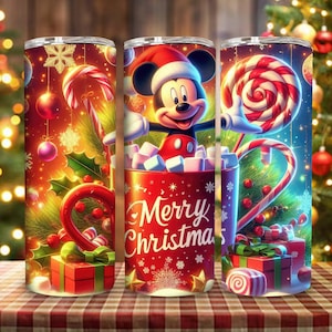 Vaso delgado recto y cónico de 20 oz con diseño de ratón de dibujos animados navideños, diseño de vaso delgado con diseño de personaje de dibujos animados, envolturas de sublimación de dibujos animados