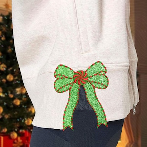 Seite Bogen Applikation Sweatshirt Stickerei Sweatshirt, Grün Glitter Bogen Swaetshirt, Weihnachtsstickerei Sweatshirt, Bogen Applikation Sweatshirt