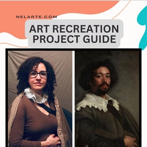 Może przedstawiać: Przewodnik po odtwarzaniu dzieł sztuki, przedstawiający dwie osoby odtwarzające obraz. Przewodnik zawiera 6 stron ze zdjęciami zza kulis, inspiracją i wskazówkami do własnej rekreacji artystycznej.