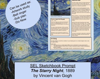 The Starry Night Artwork Study,  Vincent van Gogh Art Lesson,  Art Appreciation Lesson, Sketchbook Prompt, Sub Plan