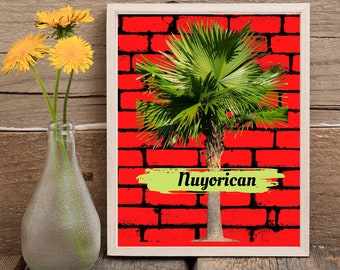 Puerto Rico Wall Art, Nuyorican Digital Art, Palm Tree Art Printable, Brick Wall Art, Puerto Rican art Digital download -RED