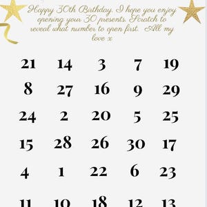 Biglietto gratta e vinci di compleanno, 30 per 30, 21 per 21, 40 per 40, regalo di compleanno, calendario dell'avvento, 30 regali per 30, conto alla rovescia di Natale modificabile
