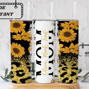 Tumblers, Mother's Day Tumbler, Mom Tumbler, Sunflower Tumbler, Leopard Glitter Cup, Kids Name Tumbler, Custom Tumbler, Gift for her