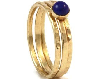 Gold Stackable Ring Set, Dainty Gold Rings, Solid 14k Yellow Gold, Lapis Lazuli, Stacking Birthstone Rings, Thin Gold Ring, Real Gold Rings